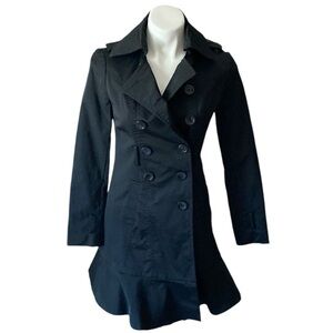 New York And Company Women’s Black Ruffle Cotton Blend Y2K Trench Coat Size XS
